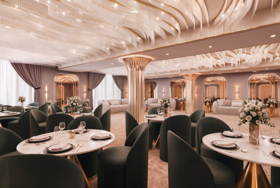 The banquet hall set for a celebration