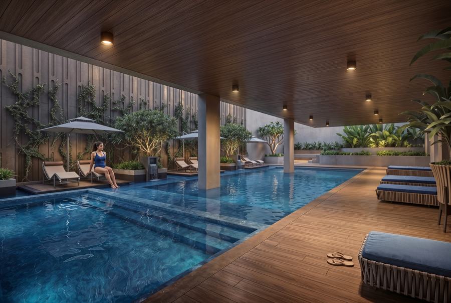 The swimming pool and timber deck