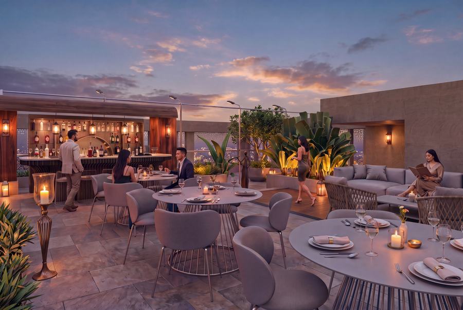 The rooftop lounge at sunset