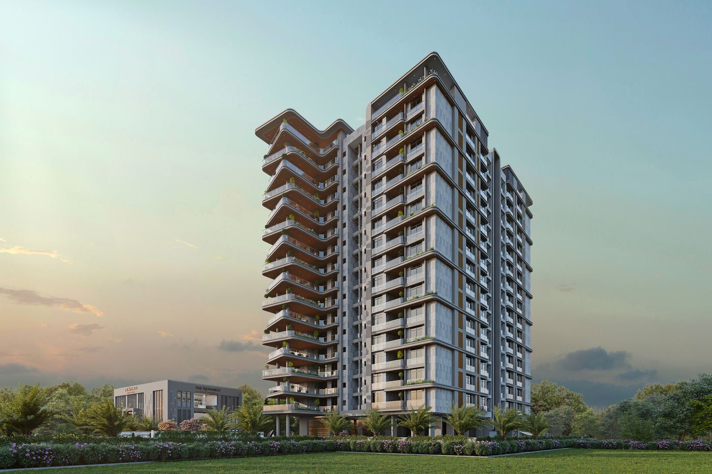 The Monarch tower rising fifteen storeys above the clubhouse