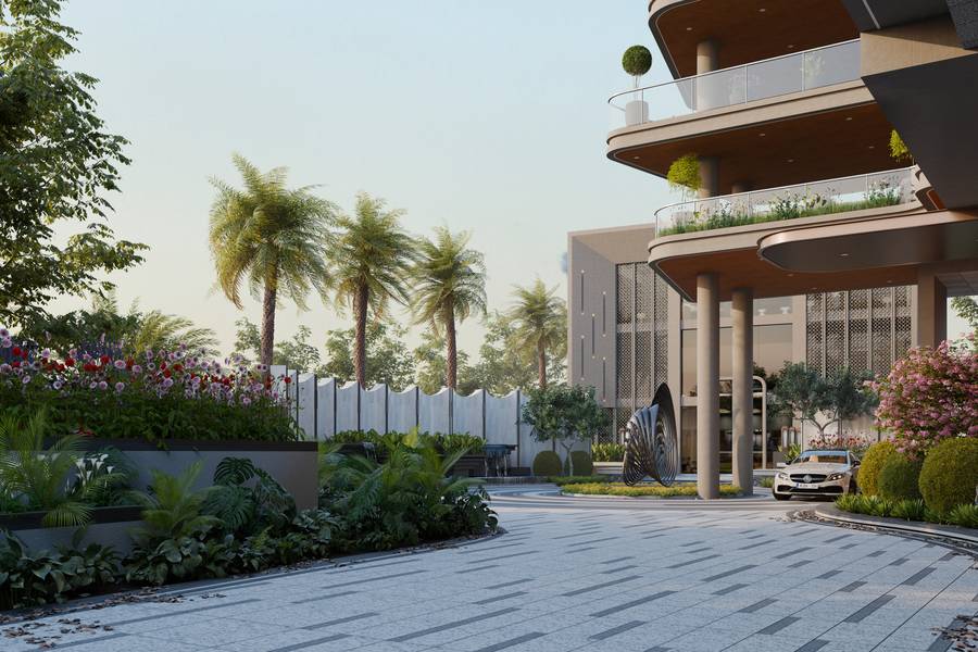 The palm-lined drive — The Monarch, Jaipur